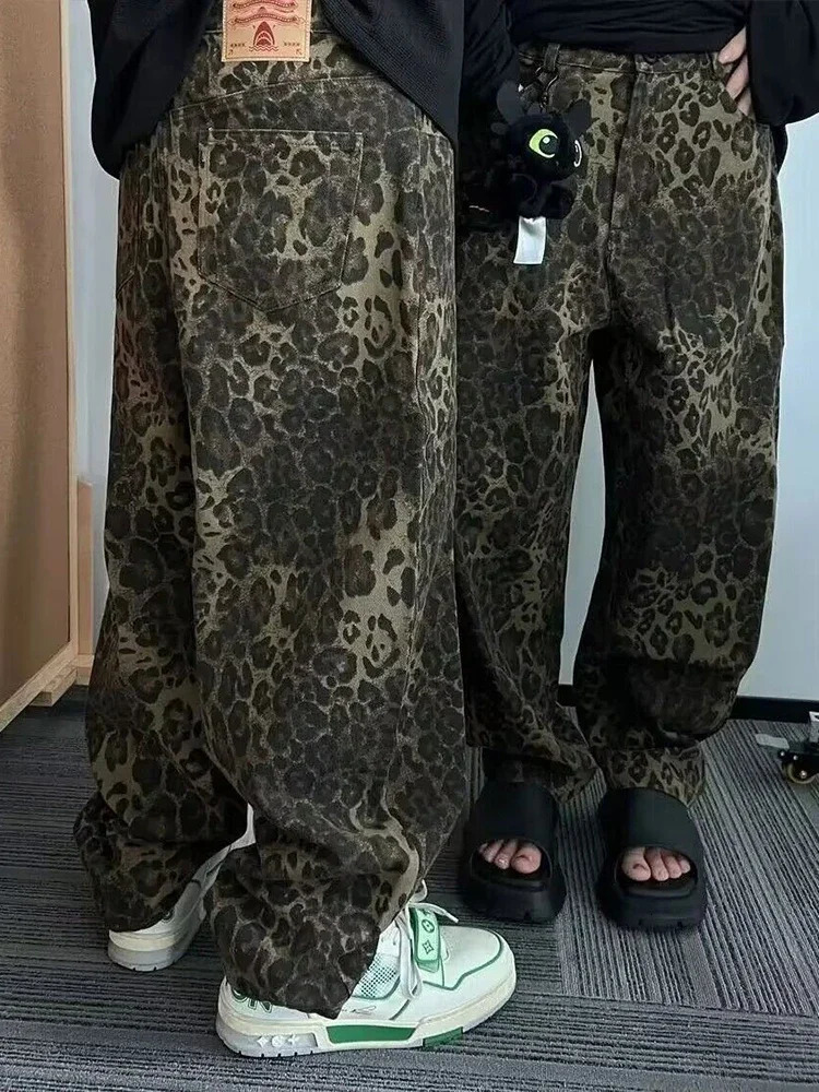 Tan Leopard jeans mens denim pants mens oversized wide leg Trousers street clothing hip-hop retro loose casual clothing 240426