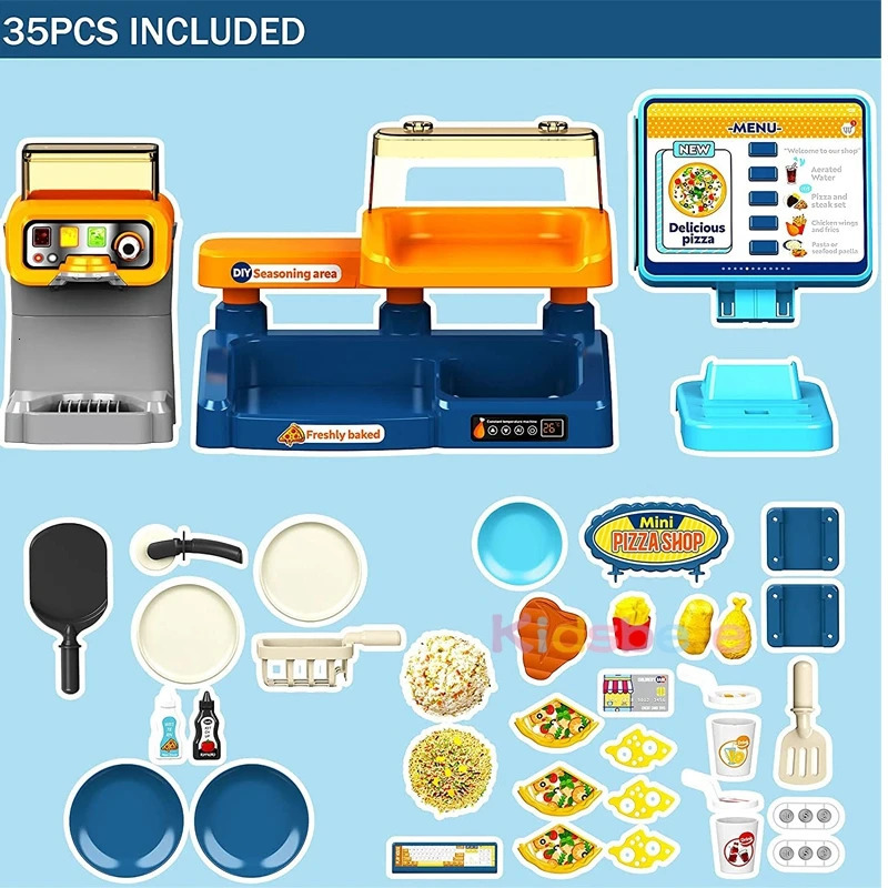 Kids Pizza Shop Kitchen Set Juice Drink Machines Toy Toys Playset Pretend Play Shopping Cash Register For Children
