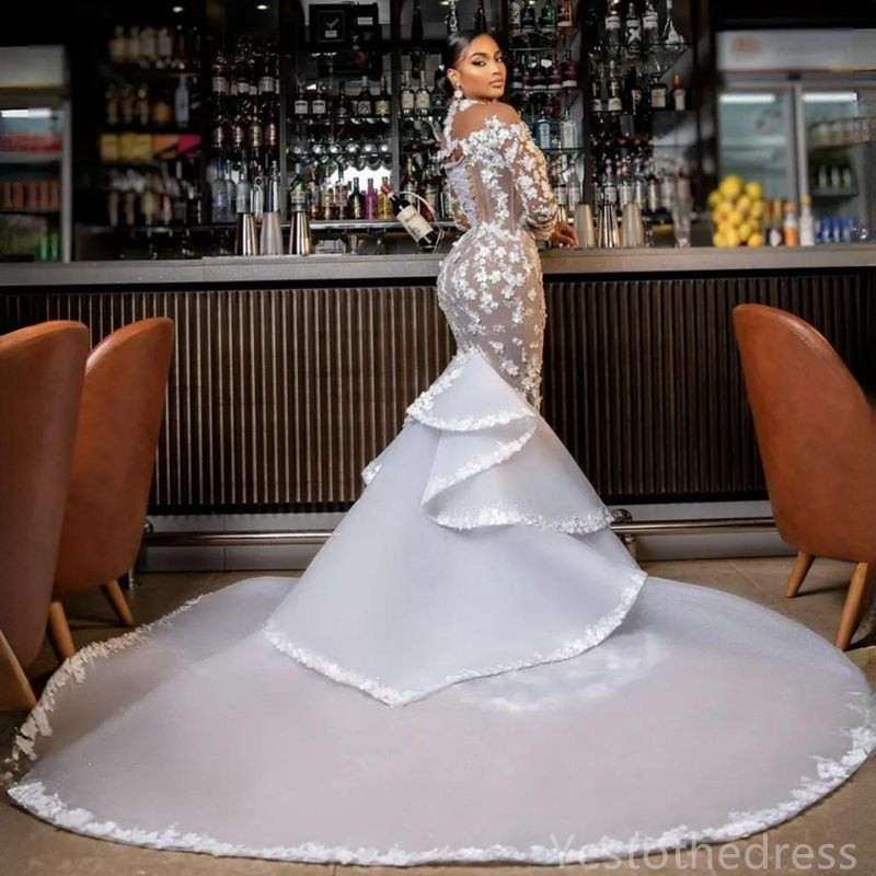 2024 Mermaid Dress For Bride Bridal With Detachable Train Long Sleeves Appliqued Beaded Lace Crystals Wedding Gowns For Black Women Marriage D237 0516