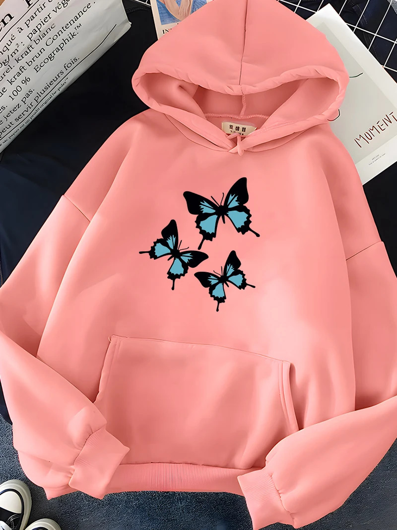 Hirsionsan Butterflies Print Women Sweatshirt Soft Casual Loose Female Hoodies Winter Warm Fleece Tops for Girls 240428