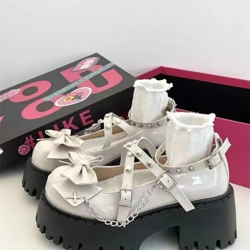 Women Mary Jane Shoes Lolita Solid Color Spring Fashion Butterfly Knot Outdoors Thick with Non-slip Female Shoes 240428