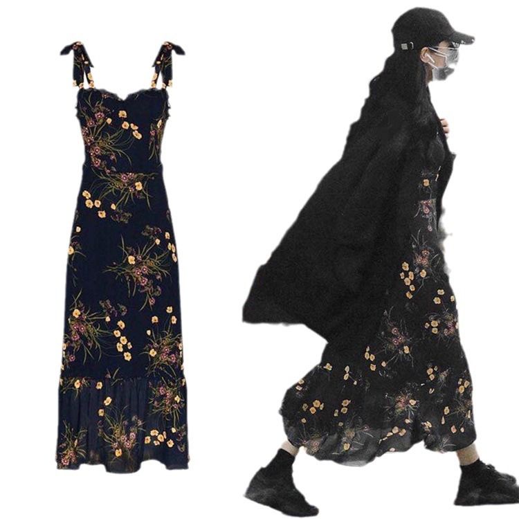 designer dresses Casual Dresses Womens Summer Womens Suspender Real Silk Black floral print mid-length slim fit suspender dress womens designer clothi