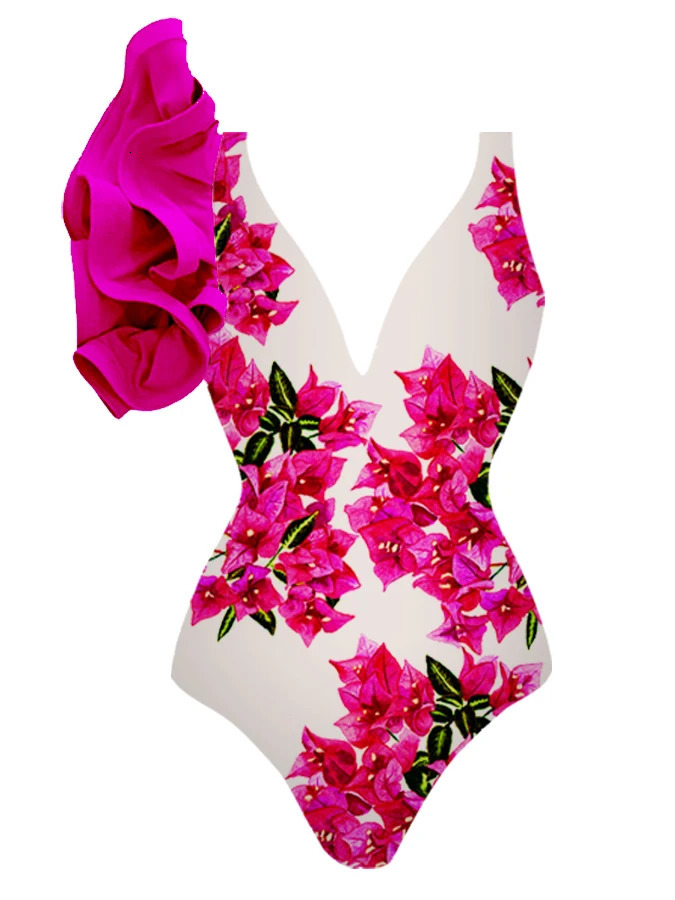 Womens Swimwear Bougainvillea Print 1-Piece Swimsuit and Cover Up Beach Exit Dress Style Bathing Suit Sexy Monokini 240423