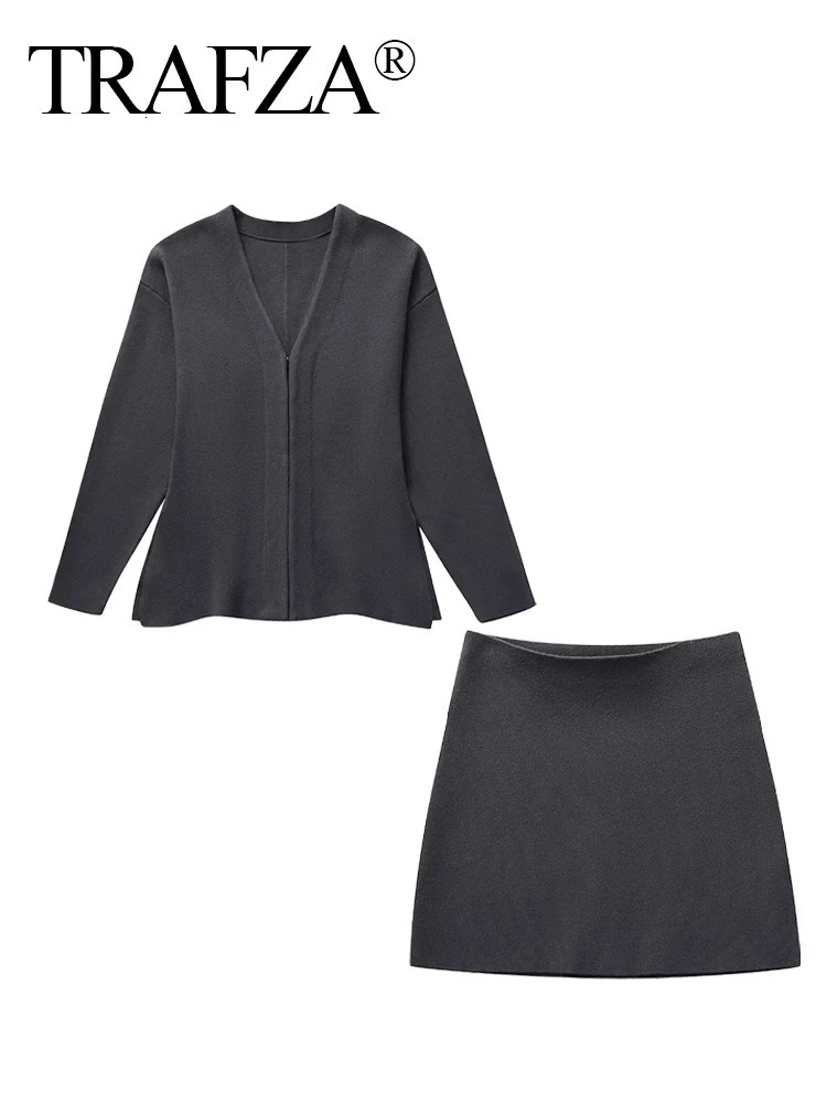 TRAFZA Women Chic Summer Skirt Suits Solid VNeck Long Sleeves Covered Button CardiganHigh Waist Knitted Mini Skirts Female Set 240423