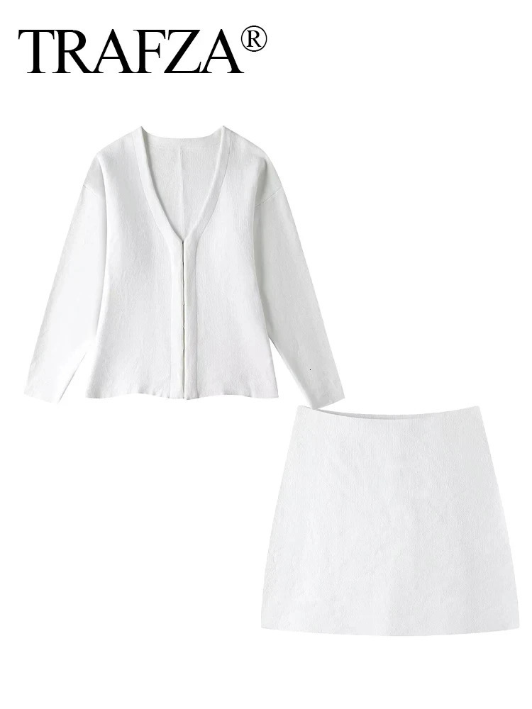 TRAFZA Women Chic Summer Skirt Suits Solid VNeck Long Sleeves Covered Button CardiganHigh Waist Knitted Mini Skirts Female Set 240423