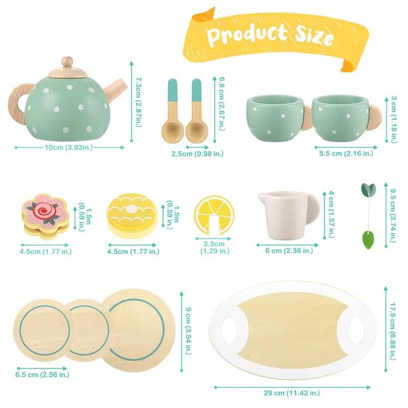 Wooden Afternoon Tea Set Toys for Girls Boys Toddlers Food Pretend Play Simulation Kitchen Wood Cup Kids 240416