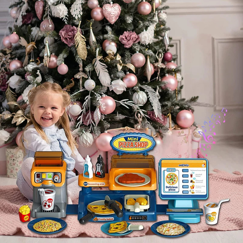 Kids Pizza Shop Kitchen Set Juice Drink Machines Toy Toys Playset Pretend Play Shopping Cash Register For Children