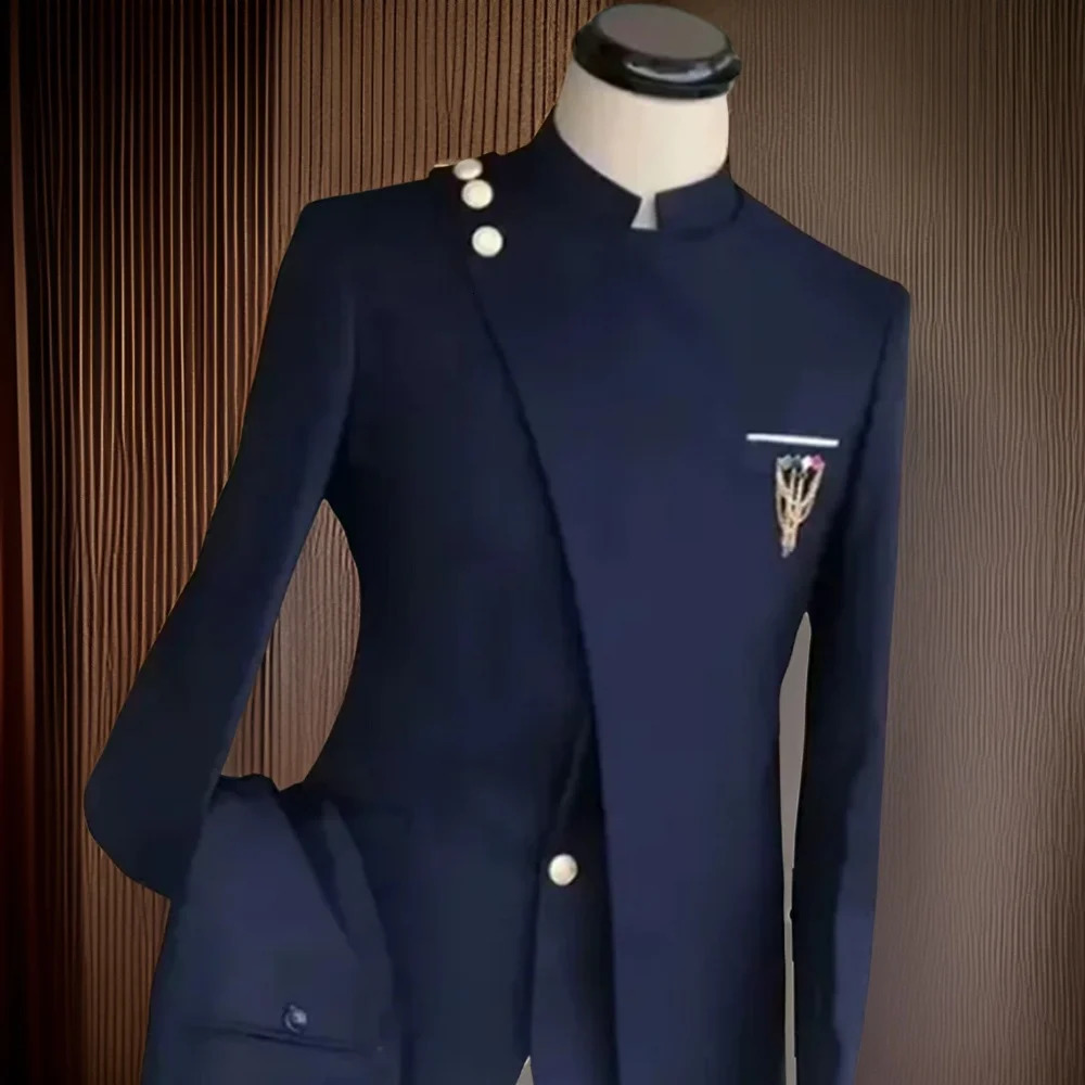 Slim Fit Men Suits for Wedding with Mandarin Stand Collar Male Fashion Groom Tuxedo 2 Pieces Suit Jacket Pants 240430