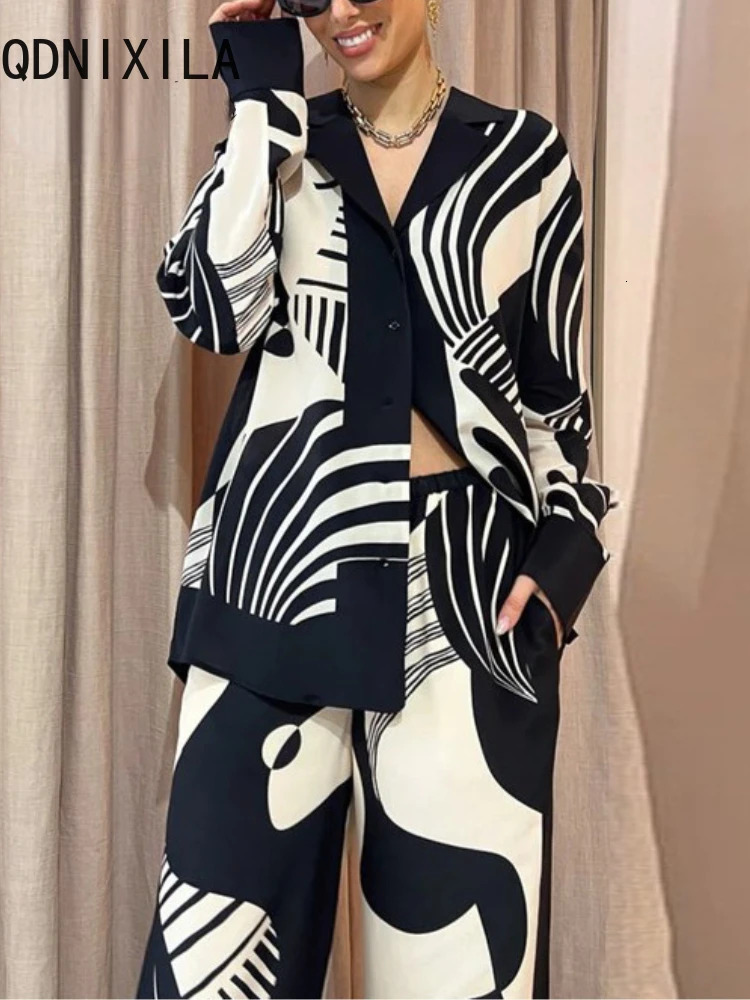 2 Piece Set Outfits Printted Casual Loose Sexy Women Long Sleeve Shirts Wide Leg Pant Sets 2024 Spring Streetwear 240419