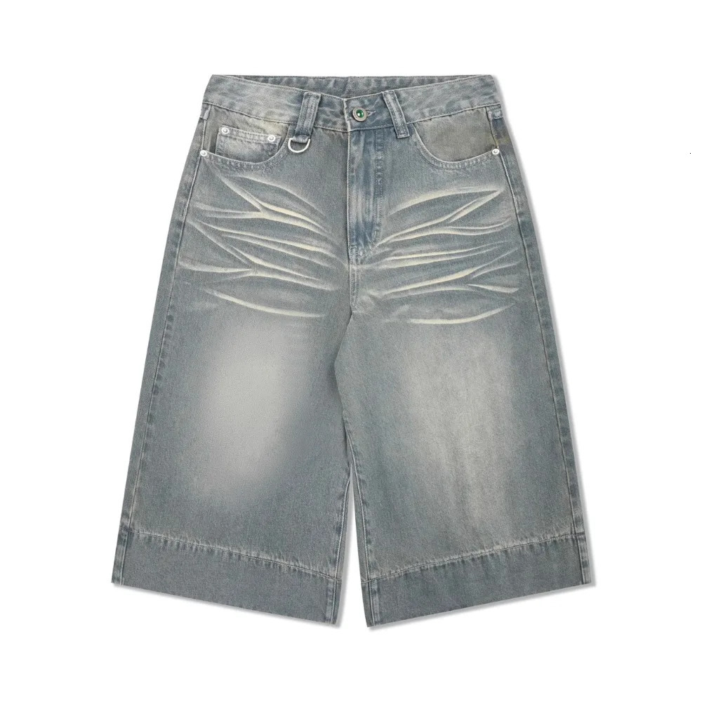Retro Wide Leg Jorts Summer Retro Washed Straight Denim Shorts Men Knee Lenght Pants 240430
