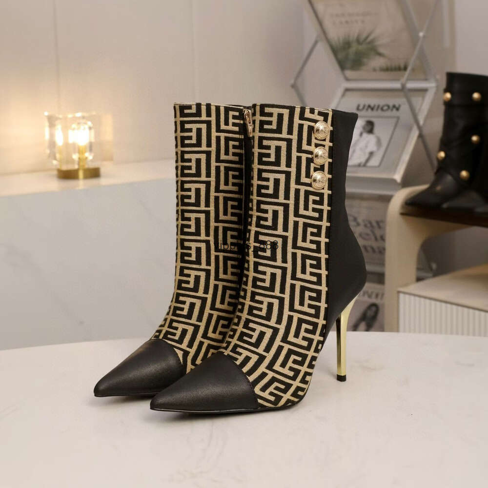 Fashion women designer short boots gold heels genuine leather knitter black ankle booties B gold buttons sexy luxury women short boots plus size
