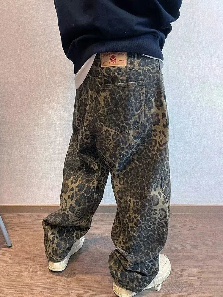 Tan Leopard jeans mens denim pants mens oversized wide leg Trousers street clothing hip-hop retro loose casual clothing 240426