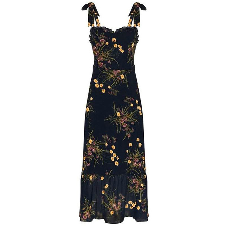 designer dresses Casual Dresses Womens Summer Womens Suspender Real Silk Black floral print mid-length slim fit suspender dress womens designer clothi