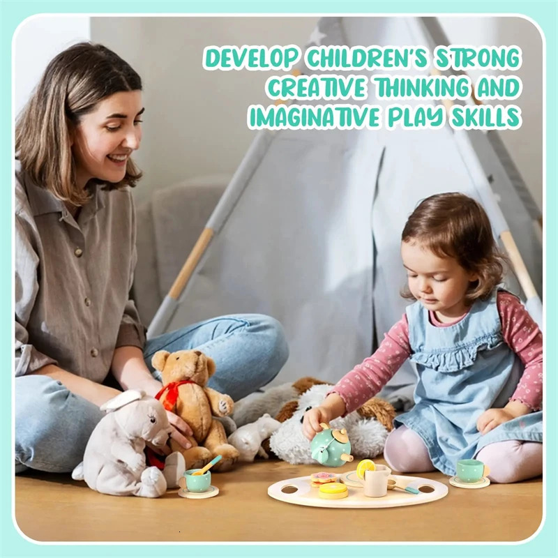 Wooden Afternoon Tea Set Toys for Girls Boys Toddlers Food Pretend Play Simulation Kitchen Wood Cup Kids 240416