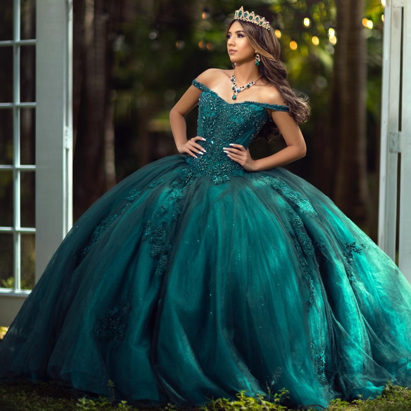 Blackish Green Quinceanera Dress For Sweet 16 Girl Applique Lace Sequined Beaded Tull Party Prom Dress vestidos de 15 anos