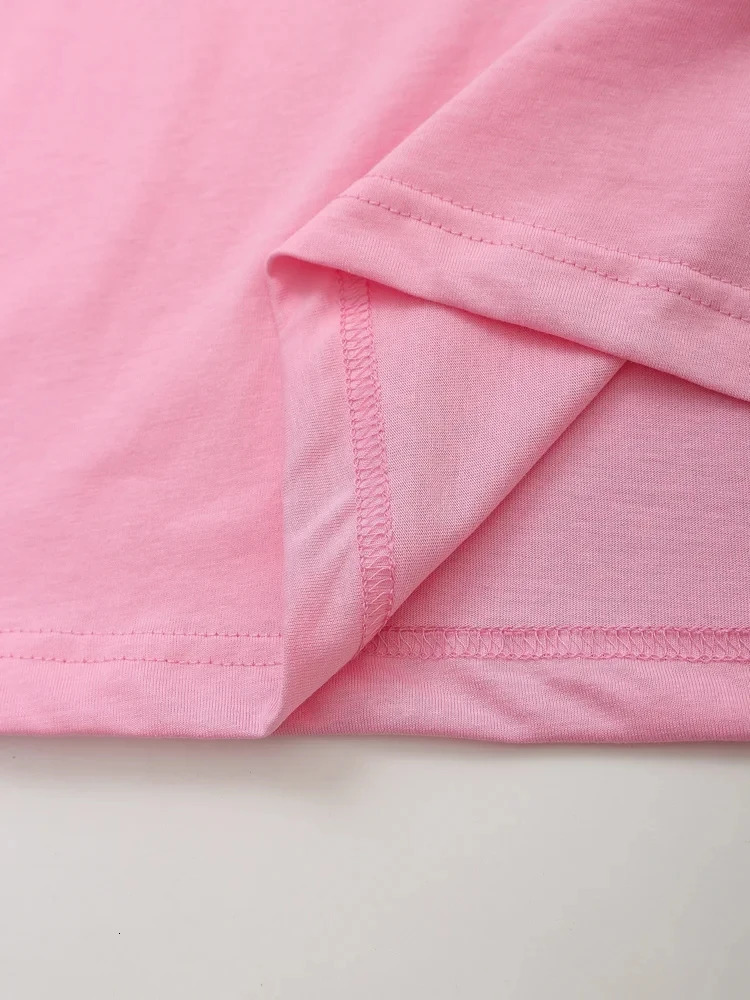 TRAFZA Summer Women Casual T Shirt Pant Sets Elegant Pink O Neck Short Sleeve TShirt Drawstring Loose Trousers Spring Suit 240423
