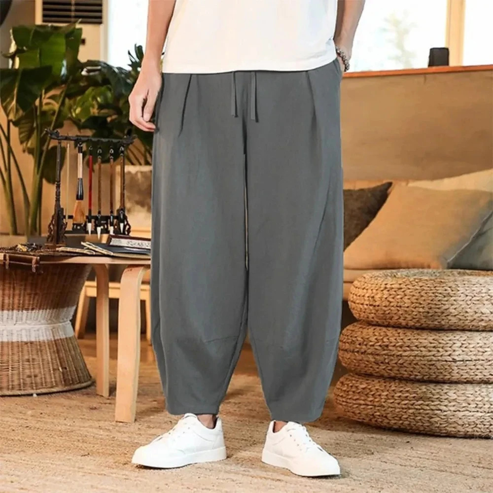 Mens Pants Cotton and Linen Male Summer Pure Color Trousers Loose Baggy Streetwear Plus Size 240429