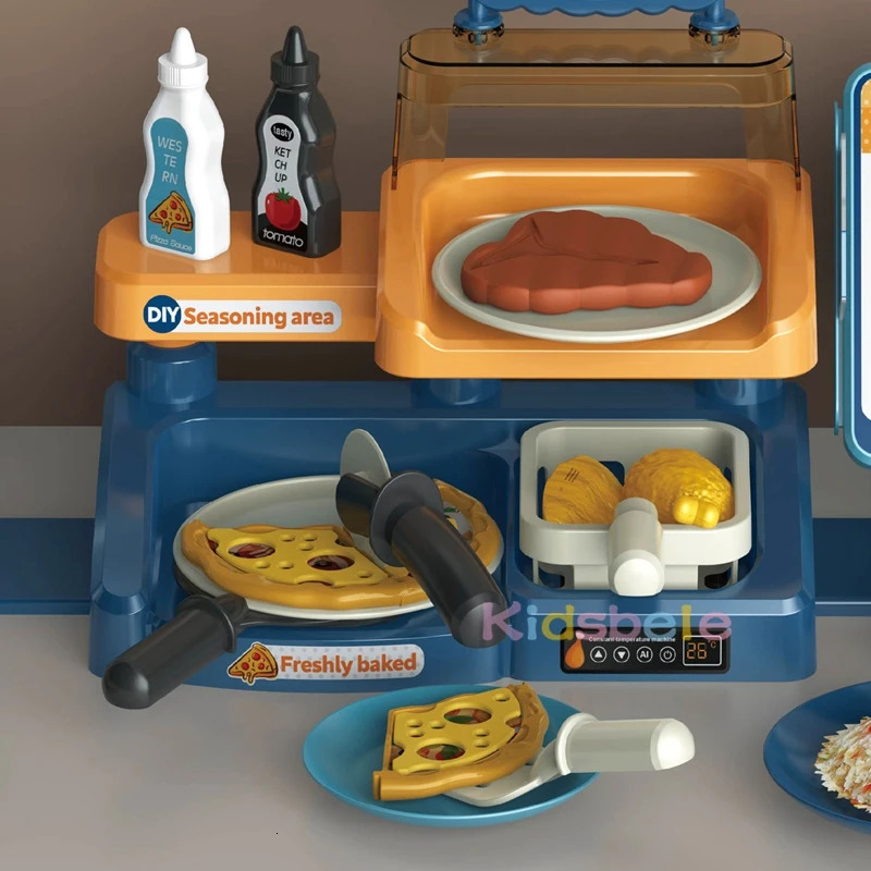 Kids Pizza Shop Kitchen Set Juice Drink Machines Toy Toys Playset Pretend Play Shopping Cash Register For Children