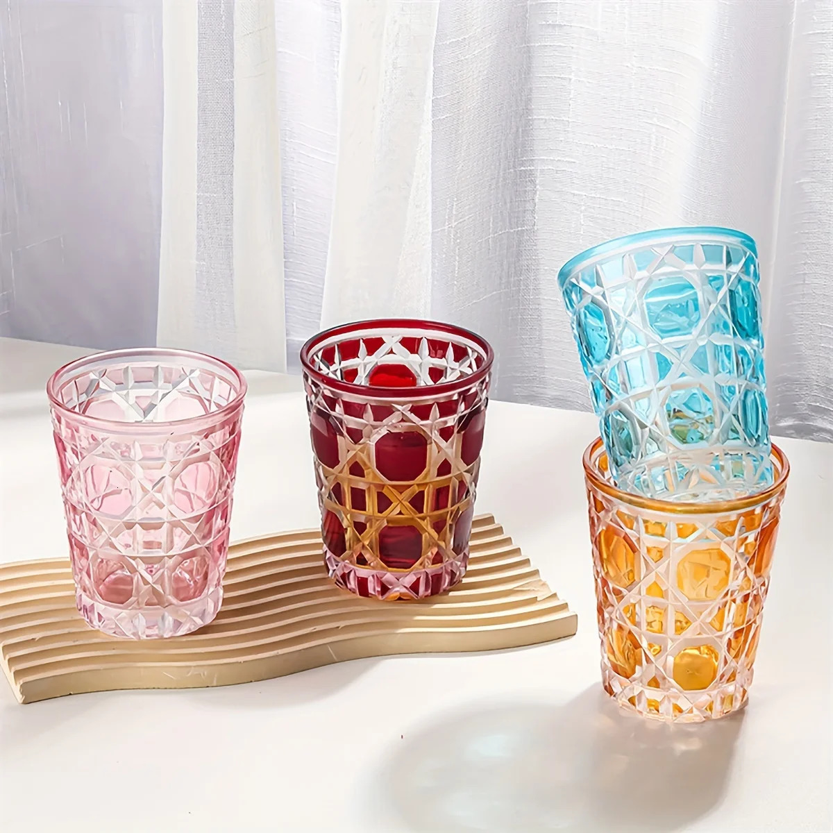 1pc 320ml Vintage Colorful Glass Embossed Water Cup Iced Coffee Cups Drinking Glasses For Juice Milk Tea Summer Drinkware 240429