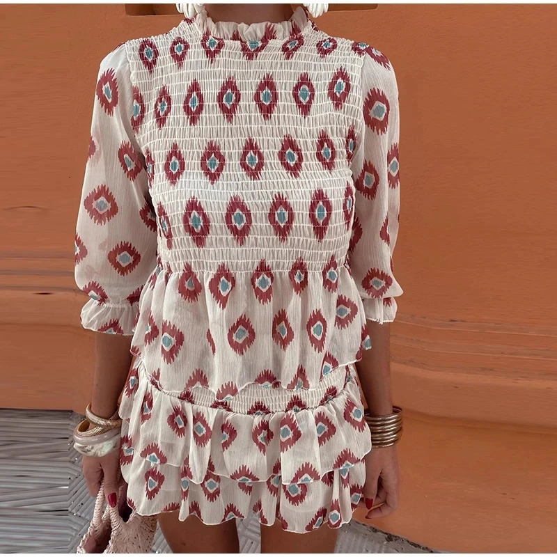 Woman Ruffles Hem Mini Printed Shirt Skirt 2 Piece Set Female Puff Sleeve Blouse High Waist Dress Suit Outfits 240423