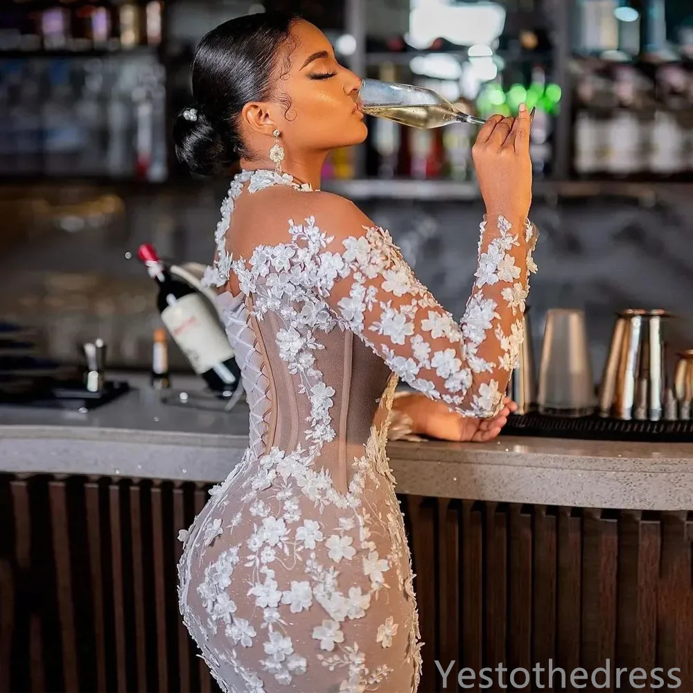 2024 Mermaid Dress For Bride Bridal With Detachable Train Long Sleeves Appliqued Beaded Lace Crystals Wedding Gowns For Black Women Marriage D237 0516