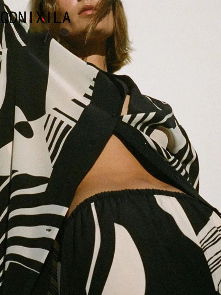 2 Piece Set Outfits Printted Casual Loose Sexy Women Long Sleeve Shirts Wide Leg Pant Sets 2024 Spring Streetwear 240419