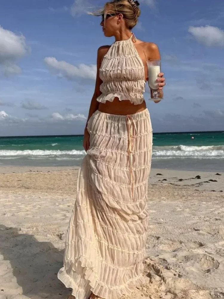 Sexy Halter Pleated Crop Tops Maxi Skirts Set Women Sleeveless Backless Skirt Suit Female Summer Ladies Beach Outfits 240423