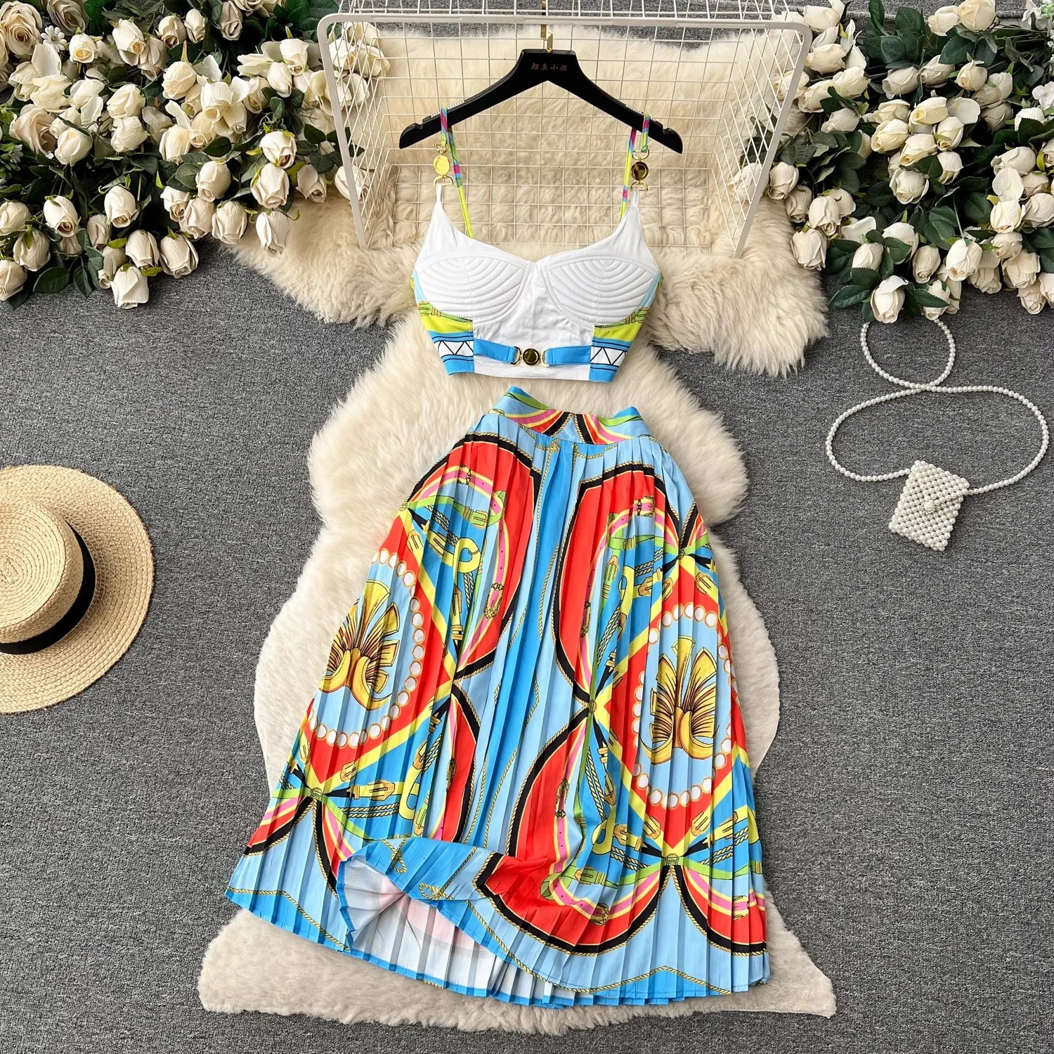 Summer Holiday Sexy Baroque Chain Two Piece Set Womens Simple Metal Buckle Spaghetti Strap Crop Top Pleated Midi Skirt Suit 240423