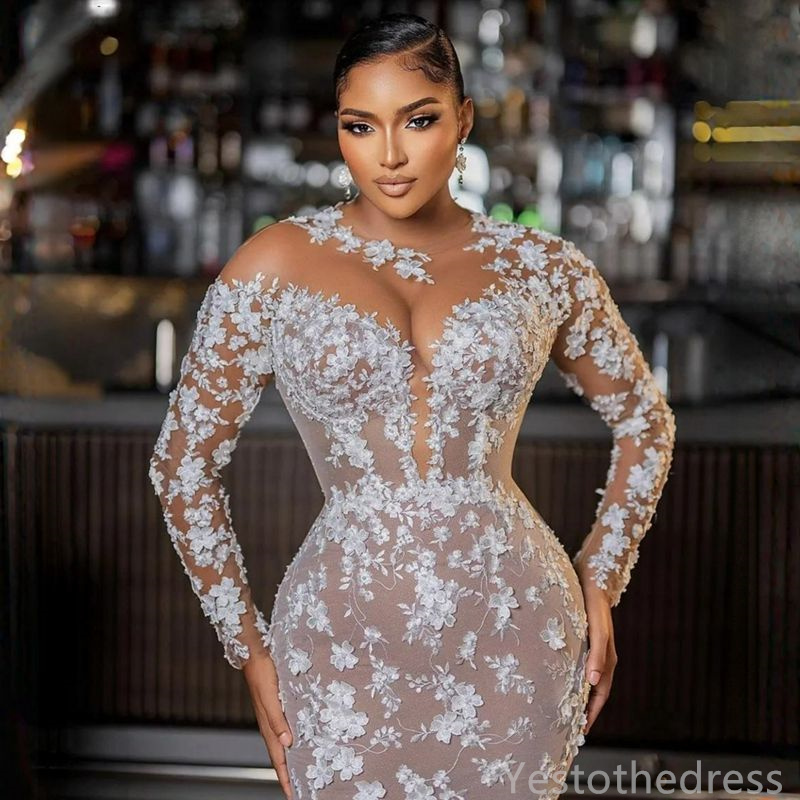 2024 Mermaid Dress For Bride Bridal With Detachable Train Long Sleeves Appliqued Beaded Lace Crystals Wedding Gowns For Black Women Marriage D237 0516