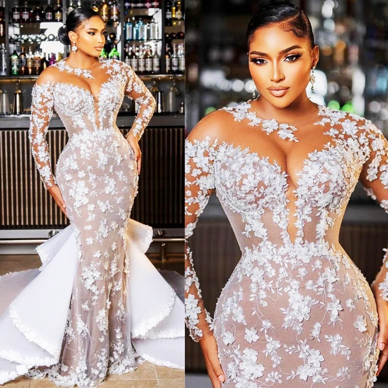 2024 Mermaid Dress For Bride Bridal With Detachable Train Long Sleeves Appliqued Beaded Lace Crystals Wedding Gowns For Black Women Marriage D237 0516