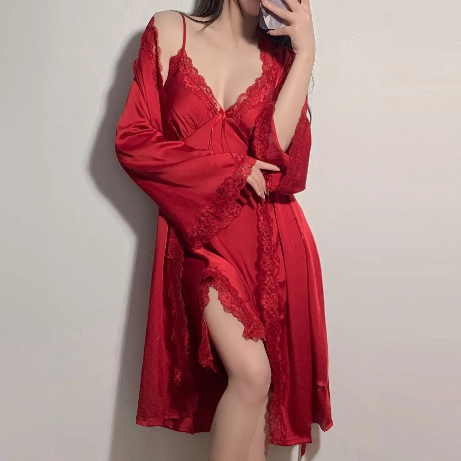 et Robe Set Sexy Lace Bathroom Dress Womens Evening Dress Terrace Summer Womens Pajamas Artificial Silk Home Dress 240425