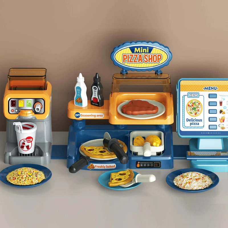 Kids Pizza Shop Kitchen Set Juice Drink Machines Toy Toys Playset Pretend Play Shopping Cash Register For Children