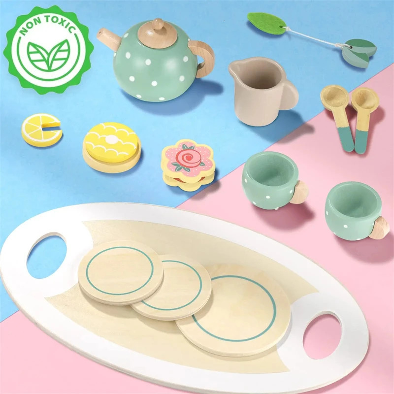 Wooden Afternoon Tea Set Toys for Girls Boys Toddlers Food Pretend Play Simulation Kitchen Wood Cup Kids 240416