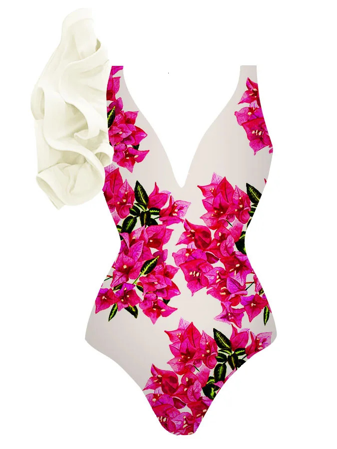 Womens Swimwear Bougainvillea Print 1-Piece Swimsuit and Cover Up Beach Exit Dress Style Bathing Suit Sexy Monokini 240423