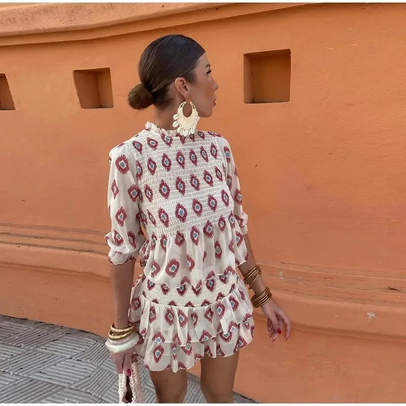 Woman Ruffles Hem Mini Printed Shirt Skirt 2 Piece Set Female Puff Sleeve Blouse High Waist Dress Suit Outfits 240423