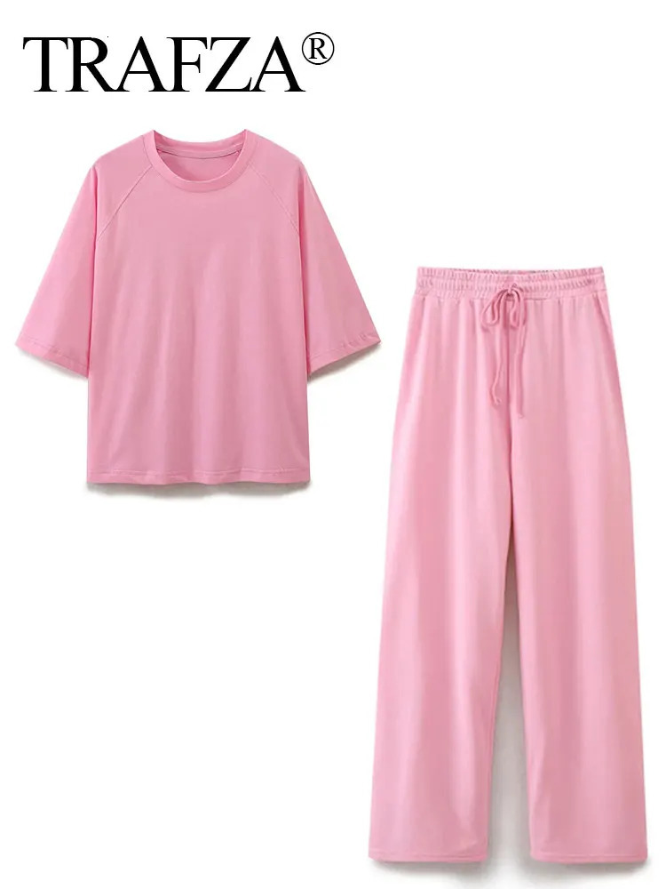 TRAFZA Summer Women Casual T Shirt Pant Sets Elegant Pink O Neck Short Sleeve TShirt Drawstring Loose Trousers Spring Suit 240423