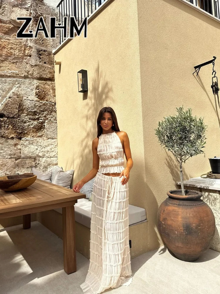 Sexy Halter Pleated Crop Tops Maxi Skirts Set Women Sleeveless Backless Skirt Suit Female Summer Ladies Beach Outfits 240423