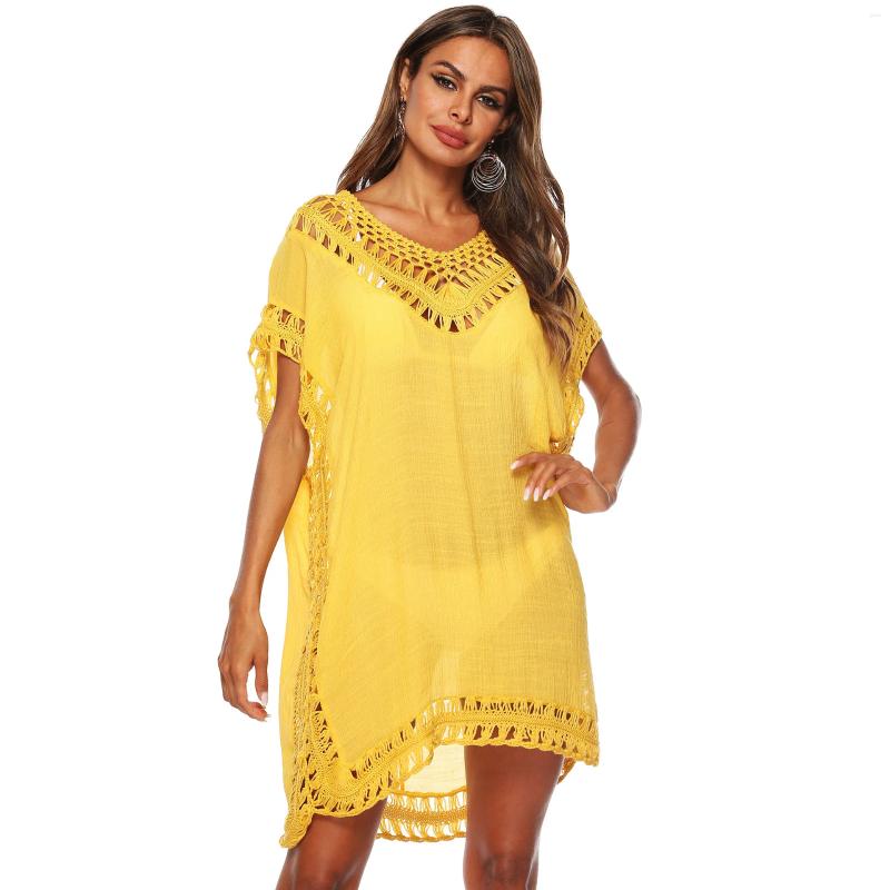 Woman Beach Cover Up Dress Fringe Tunic Yellow Beachwear Summer Women Tassel Bathing Suit Cover-Ups Pareos Strand Jurkjes
