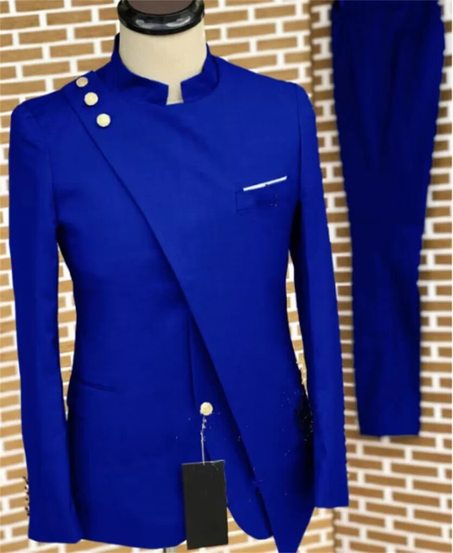 Slim Fit Men Suits for Wedding with Mandarin Stand Collar Male Fashion Groom Tuxedo 2 Pieces Suit Jacket Pants 240430