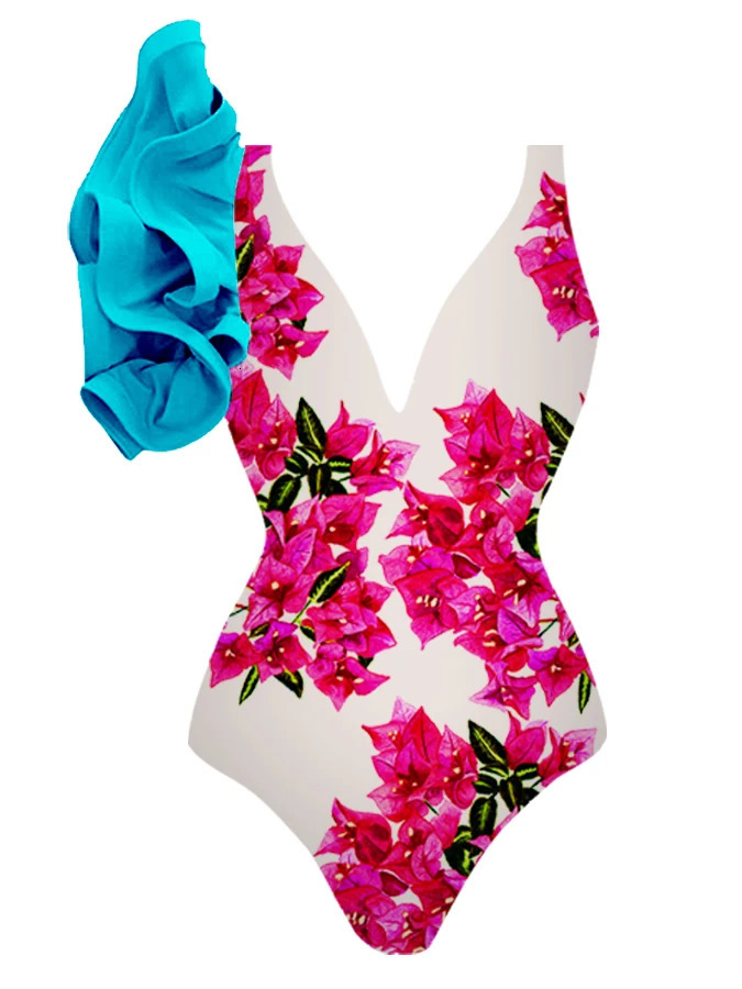 Womens Swimwear Bougainvillea Print 1-Piece Swimsuit and Cover Up Beach Exit Dress Style Bathing Suit Sexy Monokini 240423
