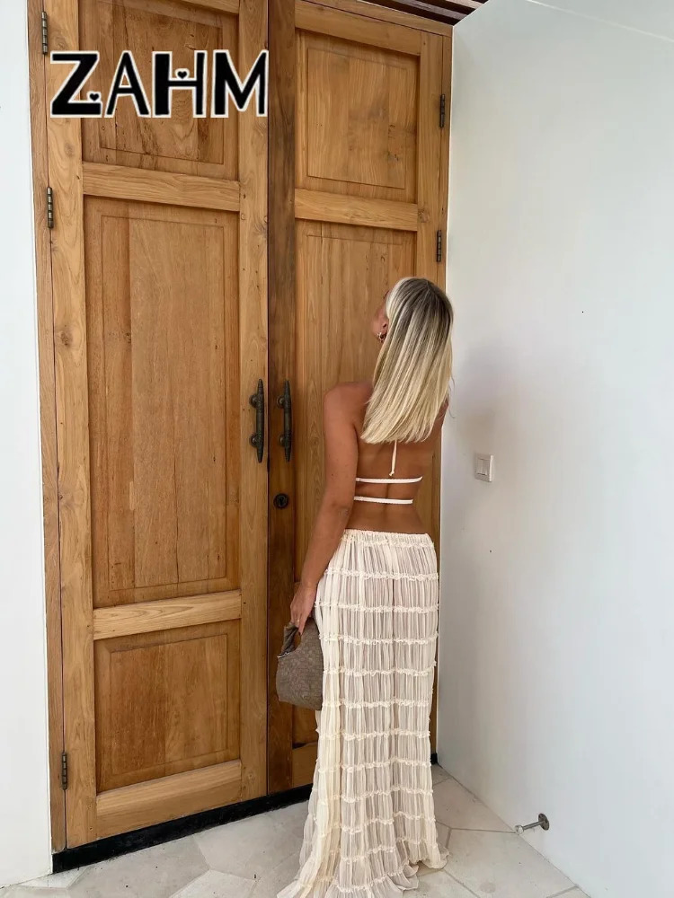 Sexy Halter Pleated Crop Tops Maxi Skirts Set Women Sleeveless Backless Skirt Suit Female Summer Ladies Beach Outfits 240423
