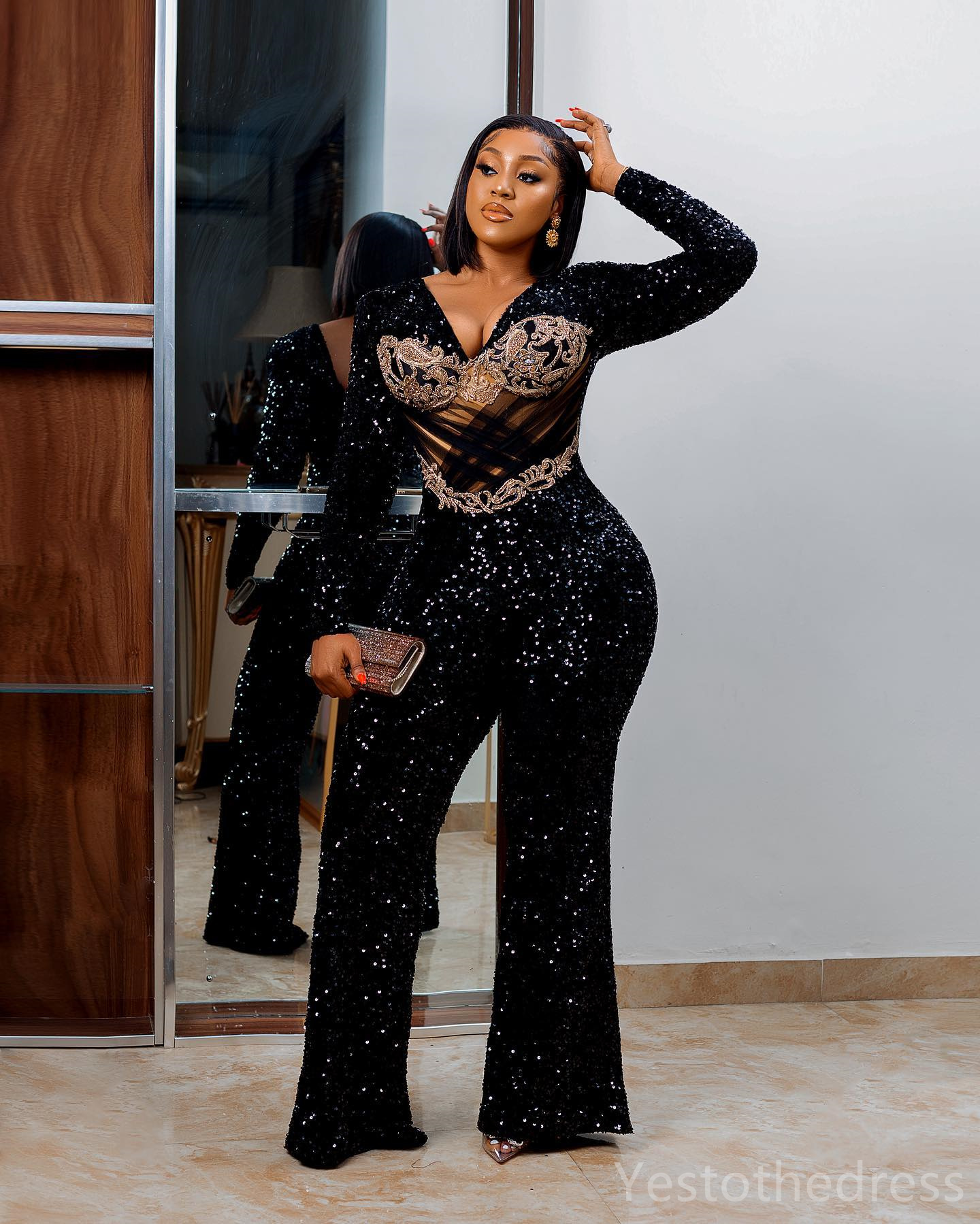 2024 Plus Size Black Jumpsuits Prom Dresses for Special Occasions Evening Dresses Elegant Long Sleeves Sequined Lace Birthday Party Dress Reception Go
