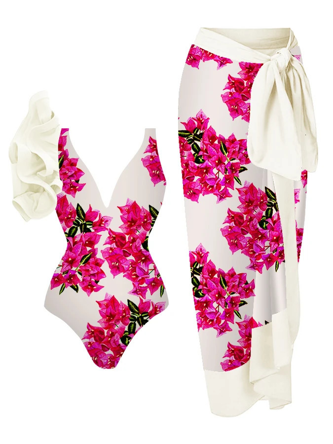 Womens Swimwear Bougainvillea Print 1-Piece Swimsuit and Cover Up Beach Exit Dress Style Bathing Suit Sexy Monokini 240423