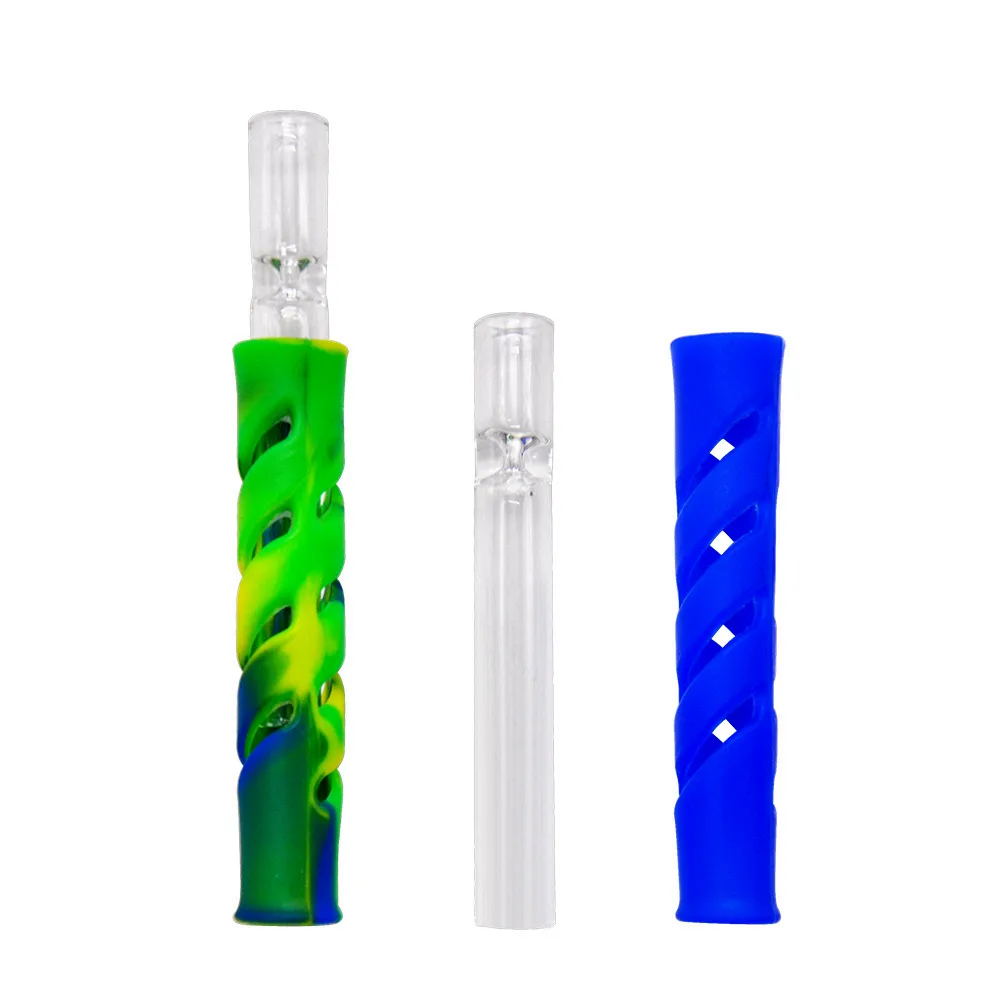 Smoke shop Tobacco Smoking Herb Pipe Glass & FDA Silicone One Hitter Pipes Hose 90MM Cigarette Holder Dugout Tobacco Herb Pipes Fast Shipping Who
