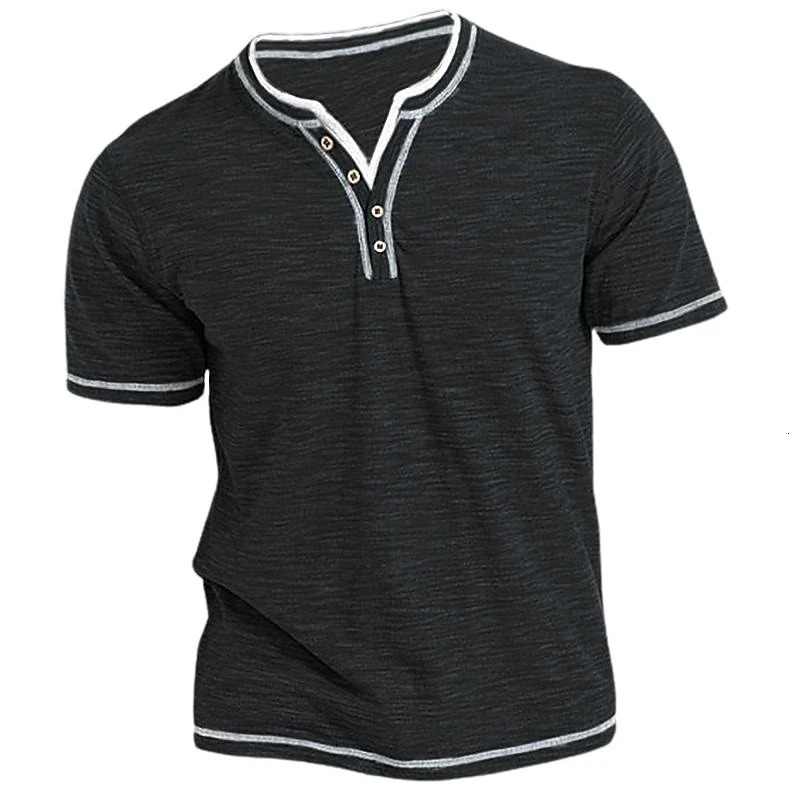 Mens Plain Henley Shirt Round Neck T-shirt Summer Comfortable Cotton Fashion Short Sleeve Casual Street Wear Sports Top Basic 240429