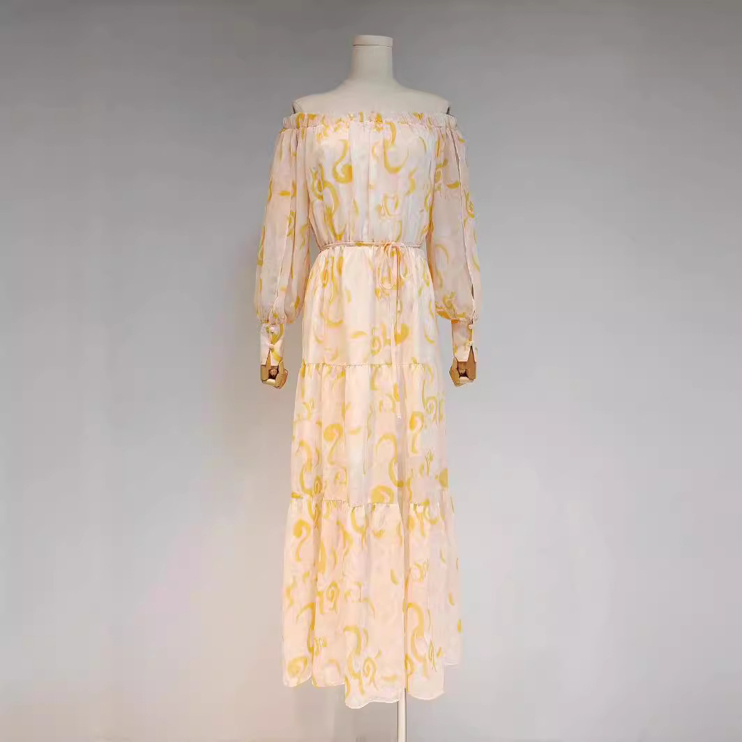 2024 Summer new one line collar long sleeved belt waist cinching print hollow out long dress