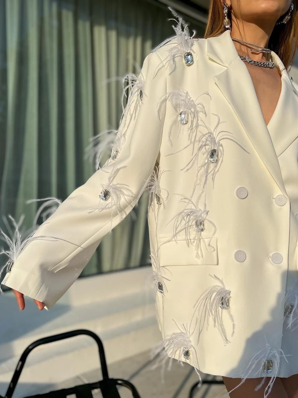 Spring Autumn Womens Blazer Coat French Style Suit Jacket Rhinestone Stitching Feather Double Breasted Loose Suit Jacket 240424