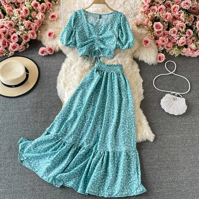 Women Summer Bohemian Chiffon Floral Set Puff Sleeve V Neck Short TopsHigh Waist Aline Maxi Skirts Two Piece Suits 240423