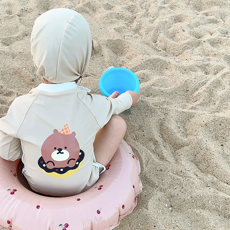 Korean Style Children Girls Boys Swimsuit One Piece Long Sleeve Sunscreen Swimwear Infant Swimming Clothing H3900 240430