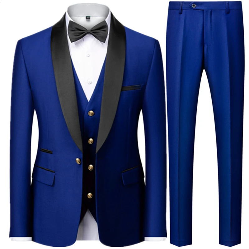 Fashion Men Casual Boutique Business Slim Wedding Host Formal Suit 3 Pcs Set Gold Button Jacket Dress Coat Pants Vest 240430